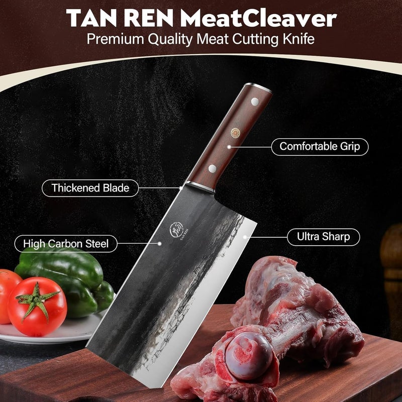 TAN REN سكين تقطيع اللحم 8 بوصة، سكين صيني من الفولاذ الكربوني العالي، سكين تقطيع العظام الثقيلة مع مقبض خشبي، سكين جزار حاد للغاية للمطبخ المنزلي - Image 3